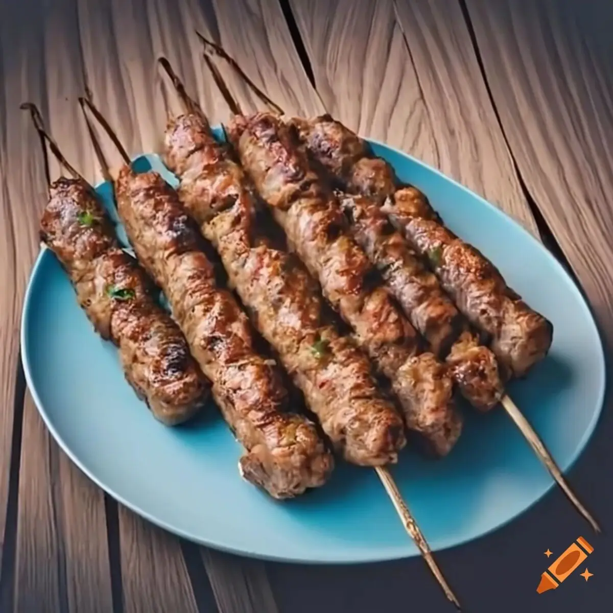 craiyon_114041_seekh_kebab_with_pita_bread_on_a_blue_plate_and_wooden_table