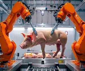 فرآوری خوک؛ بعد تیمار خوک نزَع رو به صلیب کشیدن با جاروبرقی پوستشو مکیدن برا کیف