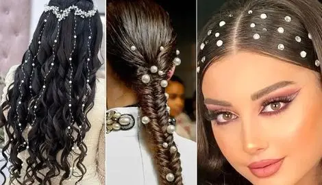 انواع تزیین مو با مروارید؛ طراحی عروسکی موهای بلند و کوتاه، مشکی و بلوند با مروارید