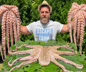 غذای چندش؛ اختاپوس رو به سنگ میکوبه مثل پنبه نرم و رشته‌ای شه تنوریش میکنه