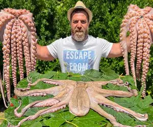 غذای چندش؛ اختاپوس رو به سنگ میکوبه مثل پنبه نرم و رشته‌ای شه تنوریش میکنه