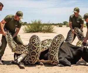 حیات وحش مصنوعی؛ گوساله شجاع برای نجات جان مادرش از چنگ پیتون غول کمک آورد
