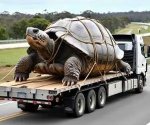 جابه جایی جانکاه؛ لاک پشت 450 تنی و دست و پا بسته به تریلی قل و زنجیر کردن واسه ذبح