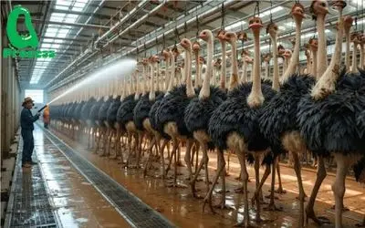 فرآوری شترمرغ؛ شترمرغ محتضر بعد بهره کشی دور ریز نداره گوشتش کباب و پوستش کفش