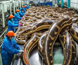 فرآوری مار؛ پیتون رو با هوش مصنوعی 115 کیلو میکنن پوستش کت و گوشتش شنسل میشه