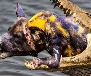 صحنه دهشتناک؛ کروکودیل سفاک بعد زخمی کردن سگ وحشی از پاهاش شروع به تناول کرد 