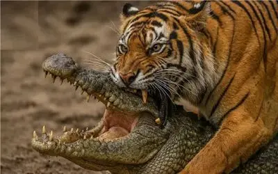 جنگ حیات وحش؛ عاقبت درافتادن با ببر خط دار برای تمساح ور افتادن بود