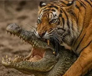 جنگ حیات وحش؛ عاقبت درافتادن با ببر خط دار برای تمساح ور افتادن بود