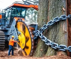 ماشین های پهن پیکر؛ بیل مکانیکی غول درخت چند 100 متری قطورو بغل میکنه از ریشه میکنه