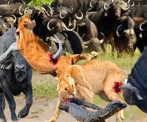 صحنه دهشتناک؛ شیر زمخت بعد حمله به بوفالوها توسط رئیسشون دریده شد کفتار خوردش