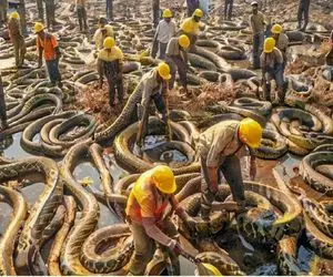 فرآوری پیتون؛ پیتون رو تو گلخونه غول پیکر میندازن با چاقو اره‌ای پوستشو جدا میکنن