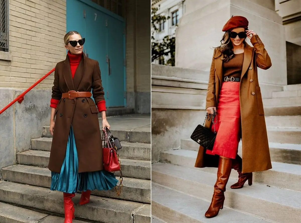 ست کردن پالتوی قهوه ای با رنگ قرمز