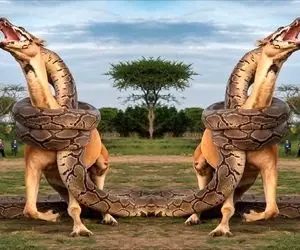 بدایع حیات وحش؛ پیتون هرکول پیچید دور شتر غول تشن میخواد تناول کنه قدش نمیرسه