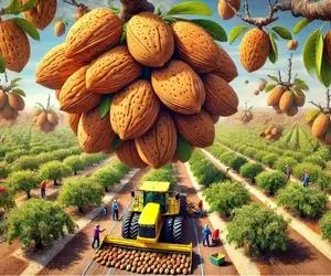 کشاورزی نوین؛ با ماشینای مخصوص درختو میلرزونن تا تو 10 ثانیه کل بادوم ها چیده بشه