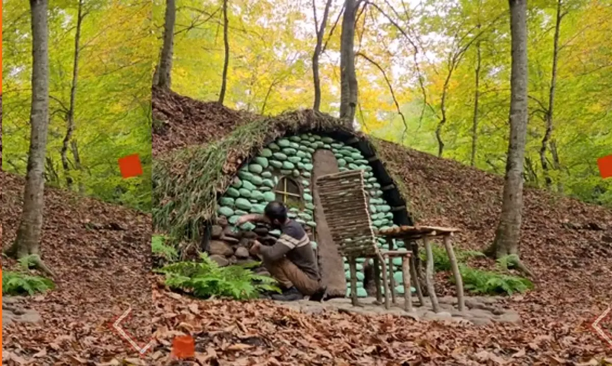 معماری خلاقانه؛ آقاهه با سنگ یه کلبه نیم دایره ای توی جنگل ساخته درشو ببین چه جذاب