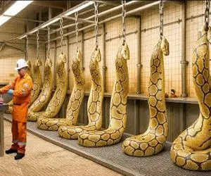 فرآوری مار؛ مار دراز ناز از تخم میکشن بیرون قطورش میکنن گوشتش برا غذا پوستش کیف و کفش