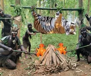 جنگجویان طبیعت؛ مردم ماسایی ببر بدسگالی که گاو نرو بلعید زنده دست و پا بسته کباب کردن