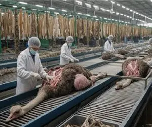 فرآوری شترمرغ؛ شترمرغ تو سلاخخونه مثله میکنن برای تولید مواد نو از گوشت و پرش