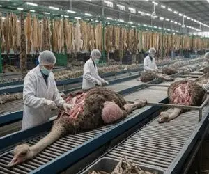 فرآوری شترمرغ؛ شترمرغ تو سلاخخونه مثله میکنن برای تولید مواد نو از گوشت و پرش