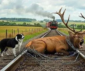 مستند حیات وحش؛ تلاش سگ عاقل برای بلند کردن گوزن دیوانه از روی ریل قطار