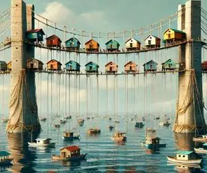 معماری خلاقانه؛ وسط دریا بین پل با سیم و آجر خونه ساخته نقلی و اعیونی کوسه نخورتش