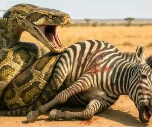 مستند حیات وحش / پیتون غول پیچد دور خر راه راه هورتش کشید بالا قلمبه شد