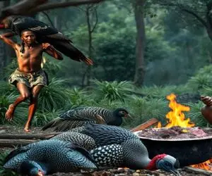 جنگجویان طبیعت؛ بربرهای برهنه با تبر مرغ دریایی شکار و پرش کز میدن خام میخورن