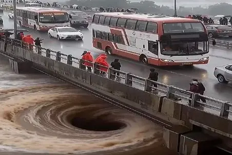 معماری طبیعت؛ هوا طوفانیه آسفالت پل ترک خورد گرداب زیرش ماشینا و آدما رو خورد