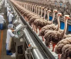 فرآوری شترمرغ؛ پر شتر مرغ زنده‌ رو میکنن برا تولید لباس گوشتشو ساطوری میکنن