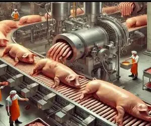 فرآوری خوک؛ خوک قلمبه حرومی صورتی و درسته میندازه تو دستگاه سوسیس تحویل میگیره