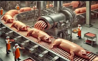فرآوری خوک؛ خوک قلمبه حرومی صورتی و درسته میندازه تو دستگاه سوسیس تحویل میگیره