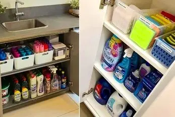 کاربردی کردن فضای کابینت زیر ظرفشویی؛ چیدمان منظم لوازم ریز و درشت با ترفند مرتب سازی