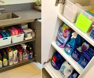 کاربردی کردن فضای کابینت زیر ظرفشویی؛ چیدمان منظم لوازم ریز و درشت با ترفند مرتب سازی