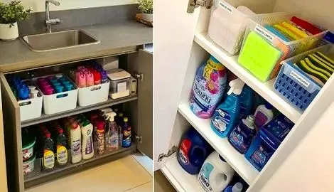 کاربردی کردن فضای کابینت زیر ظرفشویی؛ چیدمان منظم لوازم ریز و درشت با ترفند مرتب سازی