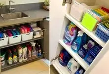 کاربردی کردن فضای کابینت زیر ظرفشویی؛ چیدمان منظم لوازم ریز و درشت با ترفند مرتب سازی