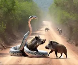 شاهکار حیات وحش؛ این پیتون غول پیکر ددمنش گرازهای وحشی اشتباه را جابجا کرد