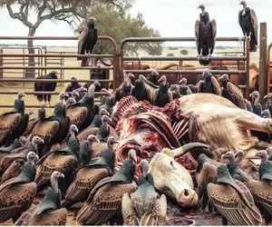 راز بقای دیدنی؛ کرکسای لاشخور دور گاو زخمی چرخیدن از حال رفت خونشو مکیدن 