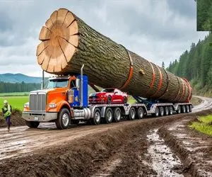 جابه‌جایی جانکاه؛ درخت گردوی 100000ساله 200 تنی با کامیون و دوتا یدکش بردن چوب بری