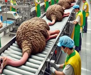 فرآوری شترمرغ؛ پرای شترمرغ زنده مفلوک دونده رو بعد باخت میسوزونه مثله و سوخاری میکنه 