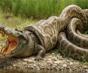 مستند حیات وحش / پیتون غول حلقه مرگ انداخت دور تمساح از دم بلعیدش قلمبه شه