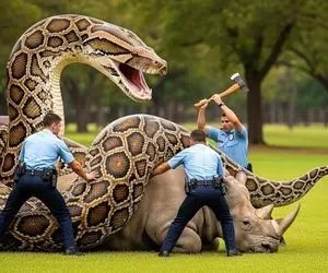 حیات وحش مصنوعی؛ تقلای تیم نجات برای رهایی کرگدن بی پناه از چنگ پیتون غول آسا