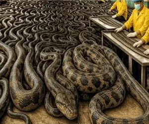 فرآوری مار؛ پیتون غول میچرخه زیر چرخ سود گوشتش غذا، زهرش دوا، پوستش کالا