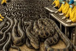 فرآوری مار؛ پیتون غول میچرخه زیر چرخ سود گوشتش غذا، زهرش دوا، پوستش کالا