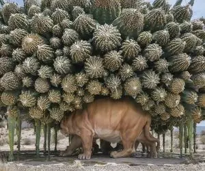 حیات وحش مصنوعی؛ تلاش تیم نجات برای خلاصی شیر بی پناه از نفرین کاکتوس غول آسا	