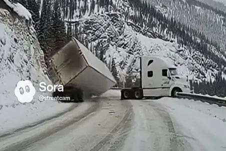 معماری طبیعت؛ کانتینر تریلی با کابین بهم پیچیدن کانتینر لیز خورد هر دو رفتن ته دره