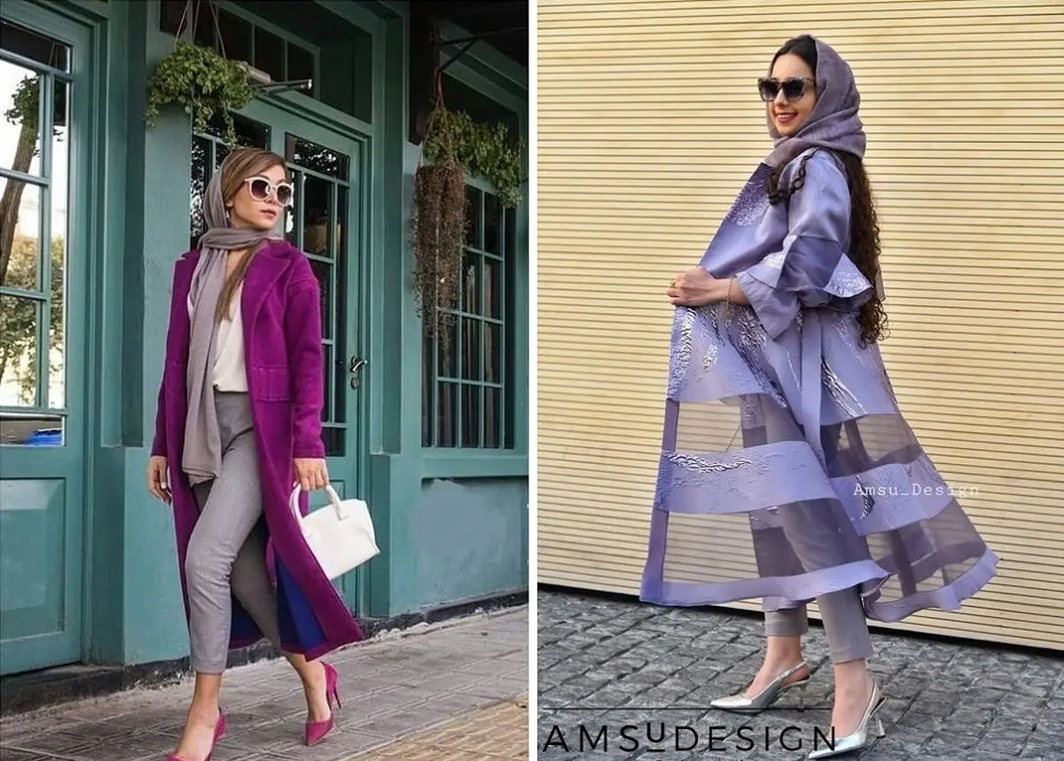 مانتوی بنفش با شلوار طوسی