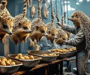 فرآوری خارپشت؛ بعد کندن تیغای جوجه تیغی با سیر و پیاز چرخش کردن بشه ژامبون