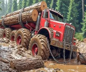 جابه جایی جانکاه؛ الوار تر و برا ساخت عتیقه بار کامیون کرد مونده وسط جاده گل اندود