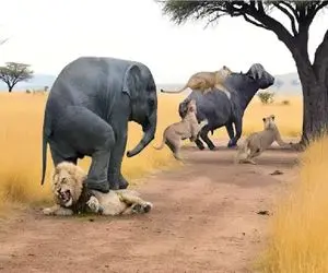 حیات وحش؛ فیل شجاع گاومیش را از دندان‌های پادشاهان جنگل نجات می‌دهد