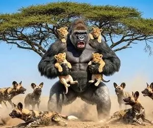 مستند حیات وحش؛ گوریلی که بچه شیر ها چند روزه رو نه تنها نکشت بلکه شد مادرشون